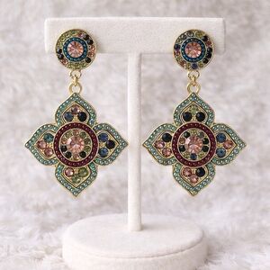 Boho Multicolor Rhinestone Dangle Earrings Gold Tone Statement